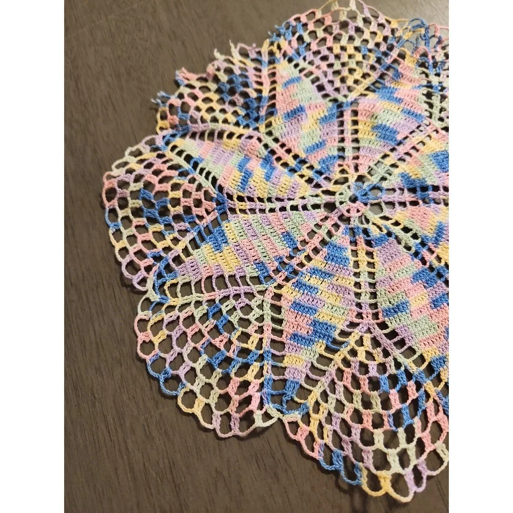 Vintage Pastel Variegated Crochet Doilies Set 2 Colorful Maximalist Decor Flaw*